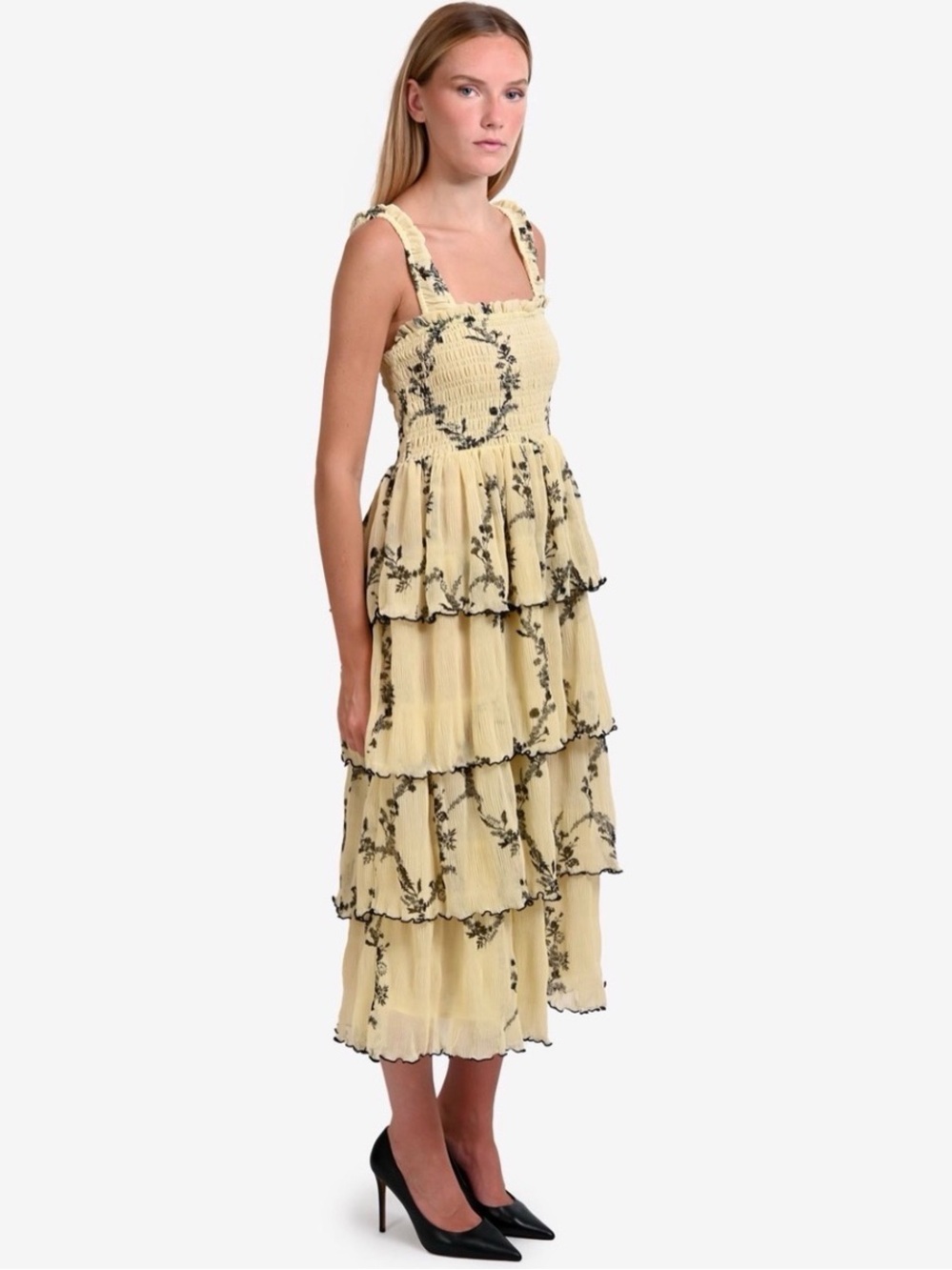 Ganni Pale Yellow Smocked Tiered Midi Dress with Black Floral Trim